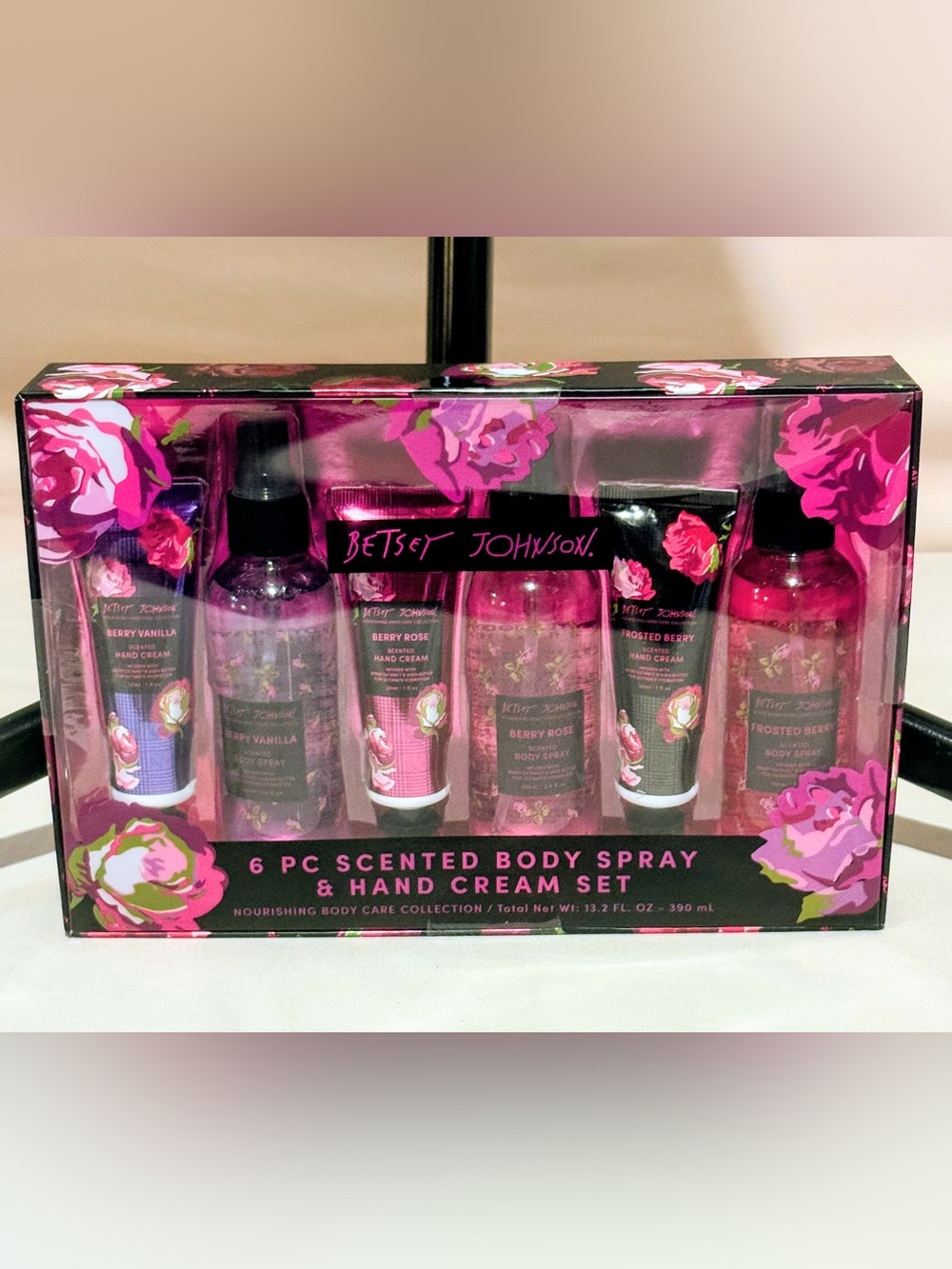 Betsey Johnson Pink Floral 6-Piece Scented Body Spray & Hand Cream Set
